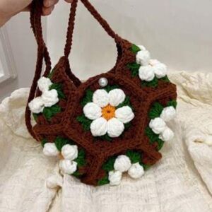 Floral Crochet Bag - Brown and White